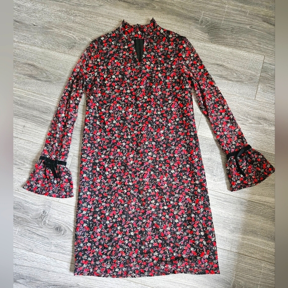Libby Edelman black red sheer Floral Lace Bell Sleeve Boho Dress size XS 🐕 - Picture 1 of 6
